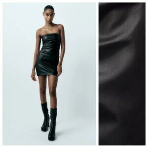 Zara Faux Leather Ruched Strapless Mini Dress In Black Size L EUC